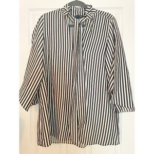 Kenneth cole blouse tunic size Medium Black Stripe tie collar split sleeves